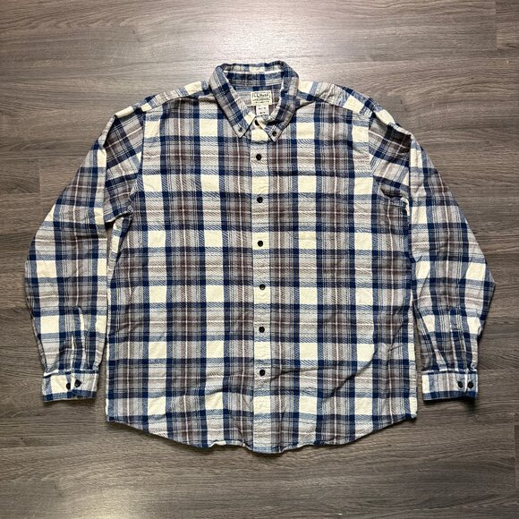 L.L. Bean Men's Scotch Plaid Flannel Shirt - White/Brown/Navy - Picture 1 of 5